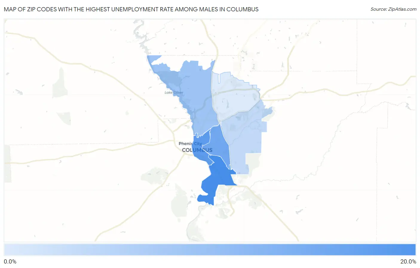 Zip Codes with the Highest Unemployment Rate Among Males in Columbus Map