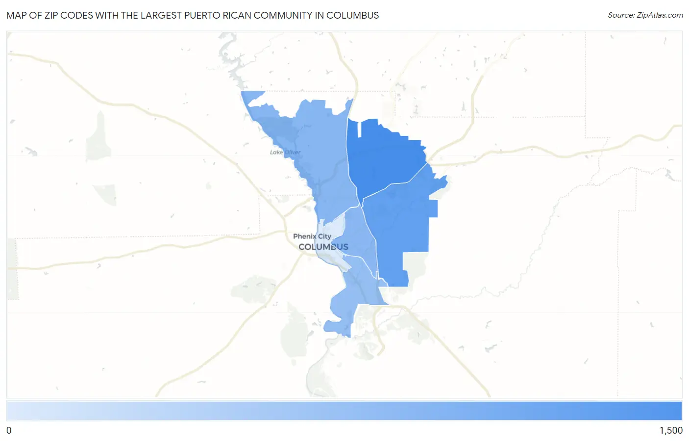 Zip Codes with the Largest Puerto Rican Community in Columbus Map