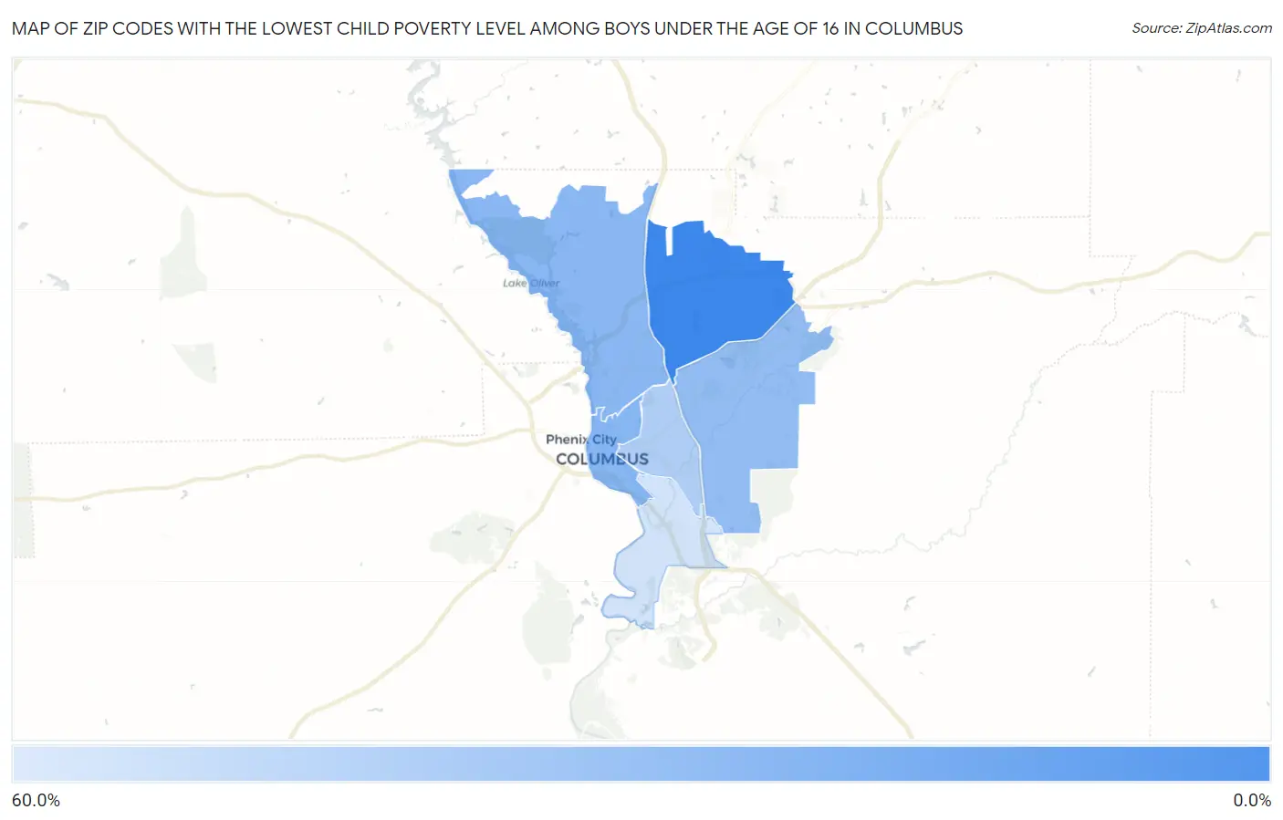 Zip Codes with the Lowest Child Poverty Level Among Boys Under the Age of 16 in Columbus Map