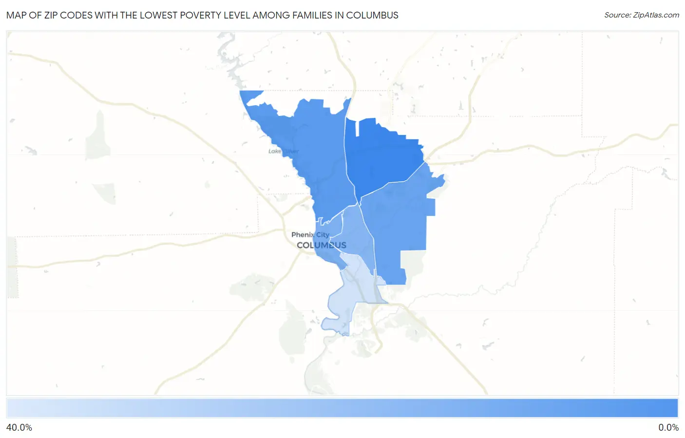Zip Codes with the Lowest Poverty Level Among Families in Columbus Map