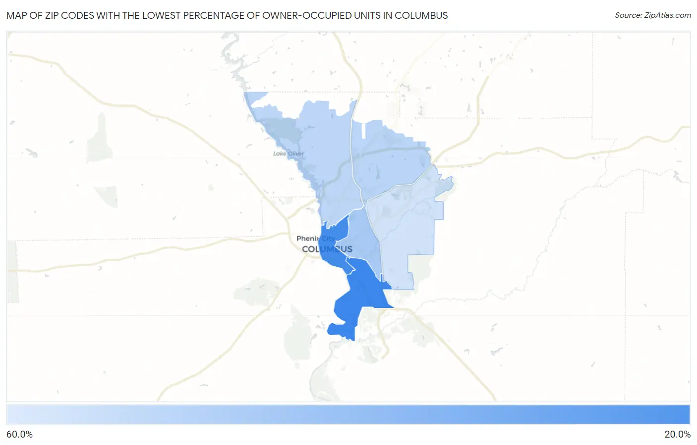 Zip Codes with the Lowest Percentage of Owner-Occupied Units in Columbus Map