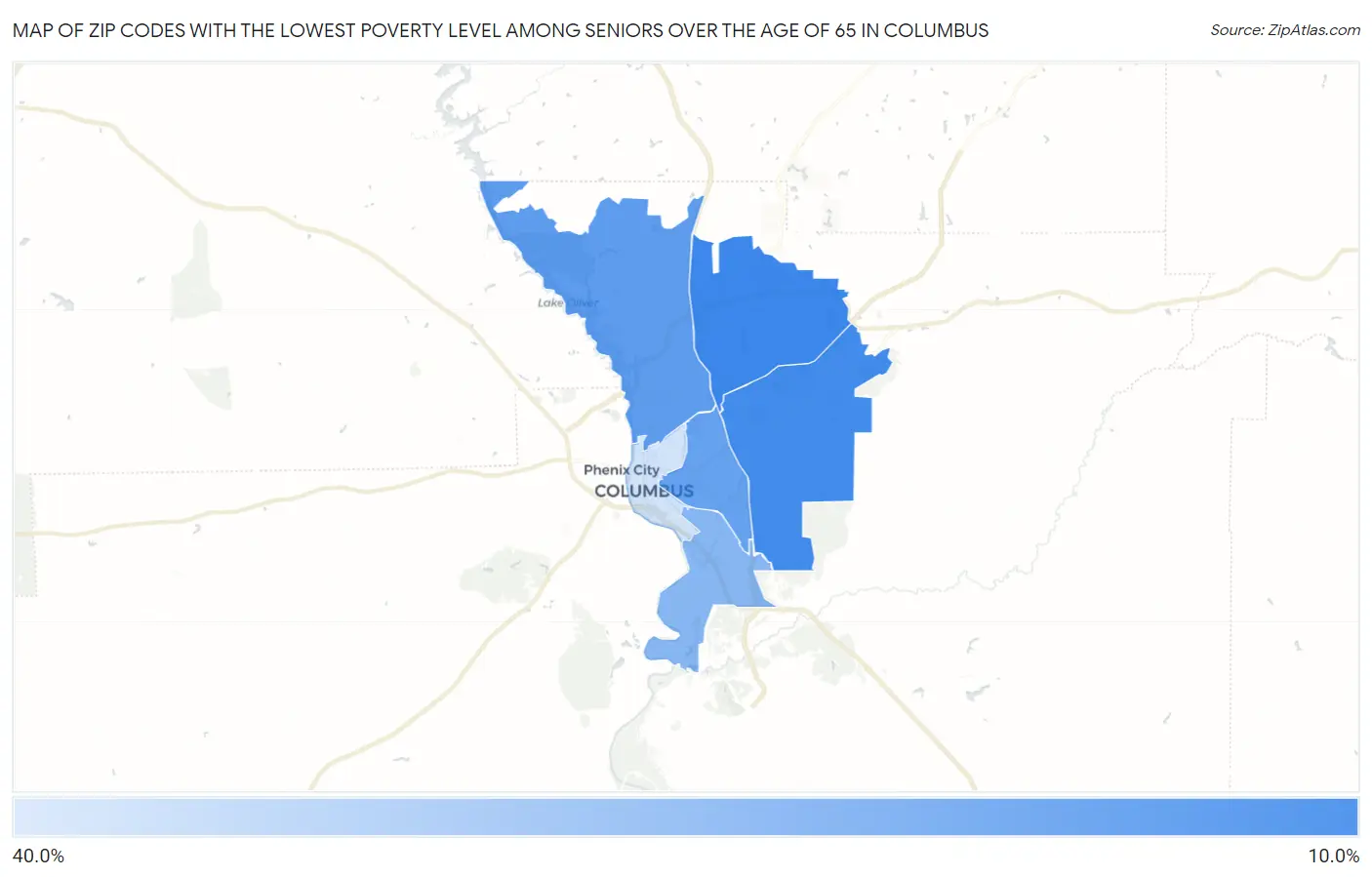 Zip Codes with the Lowest Poverty Level Among Seniors Over the Age of 65 in Columbus Map