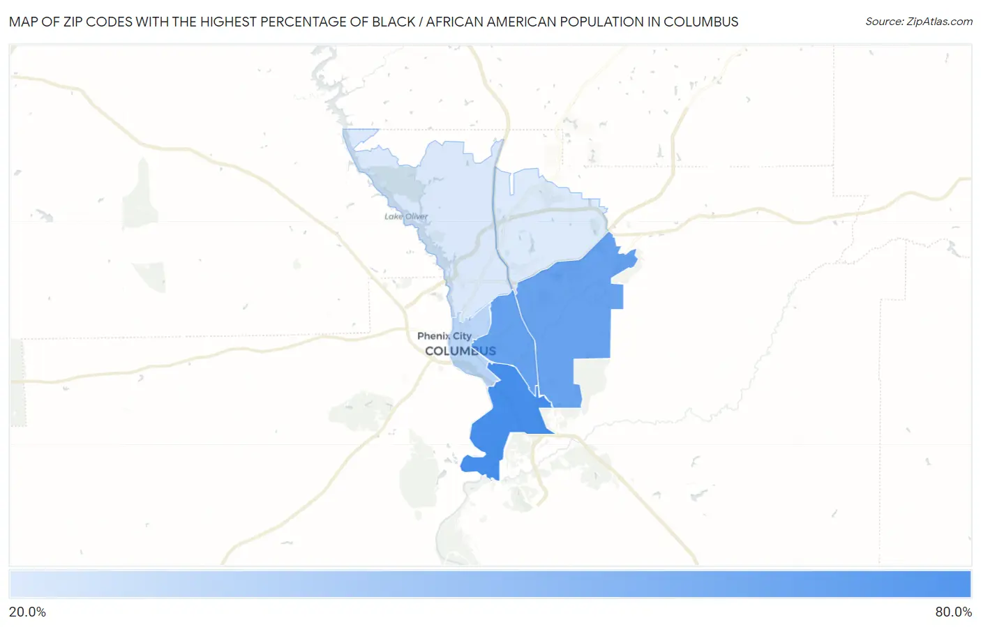 Zip Codes with the Highest Percentage of Black / African American Population in Columbus Map