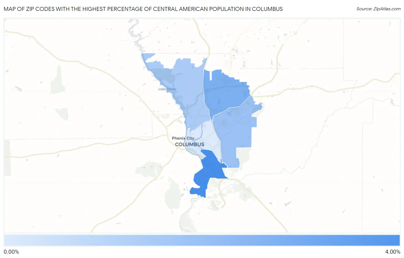 Zip Codes with the Highest Percentage of Central American Population in Columbus Map