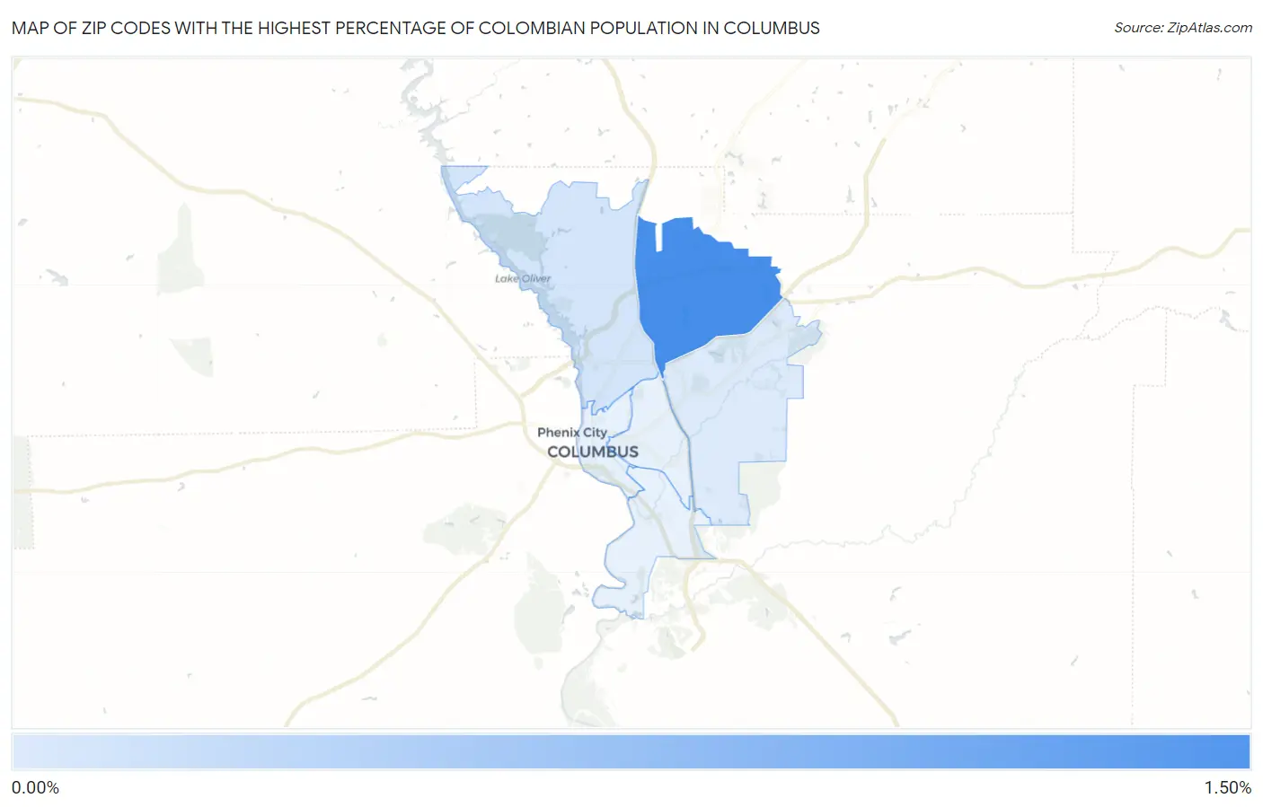 Zip Codes with the Highest Percentage of Colombian Population in Columbus Map