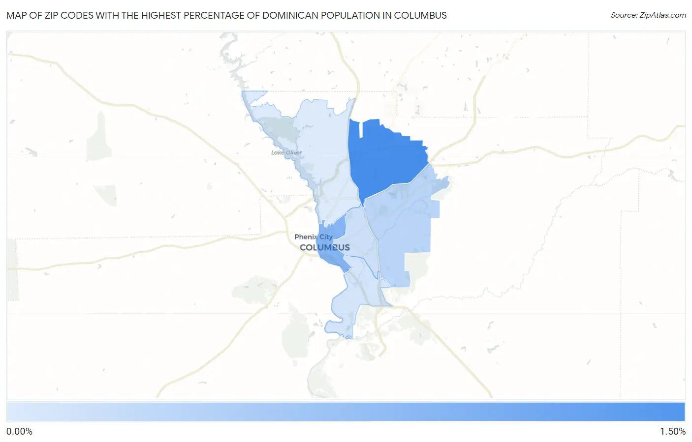 Zip Codes with the Highest Percentage of Dominican Population in Columbus Map