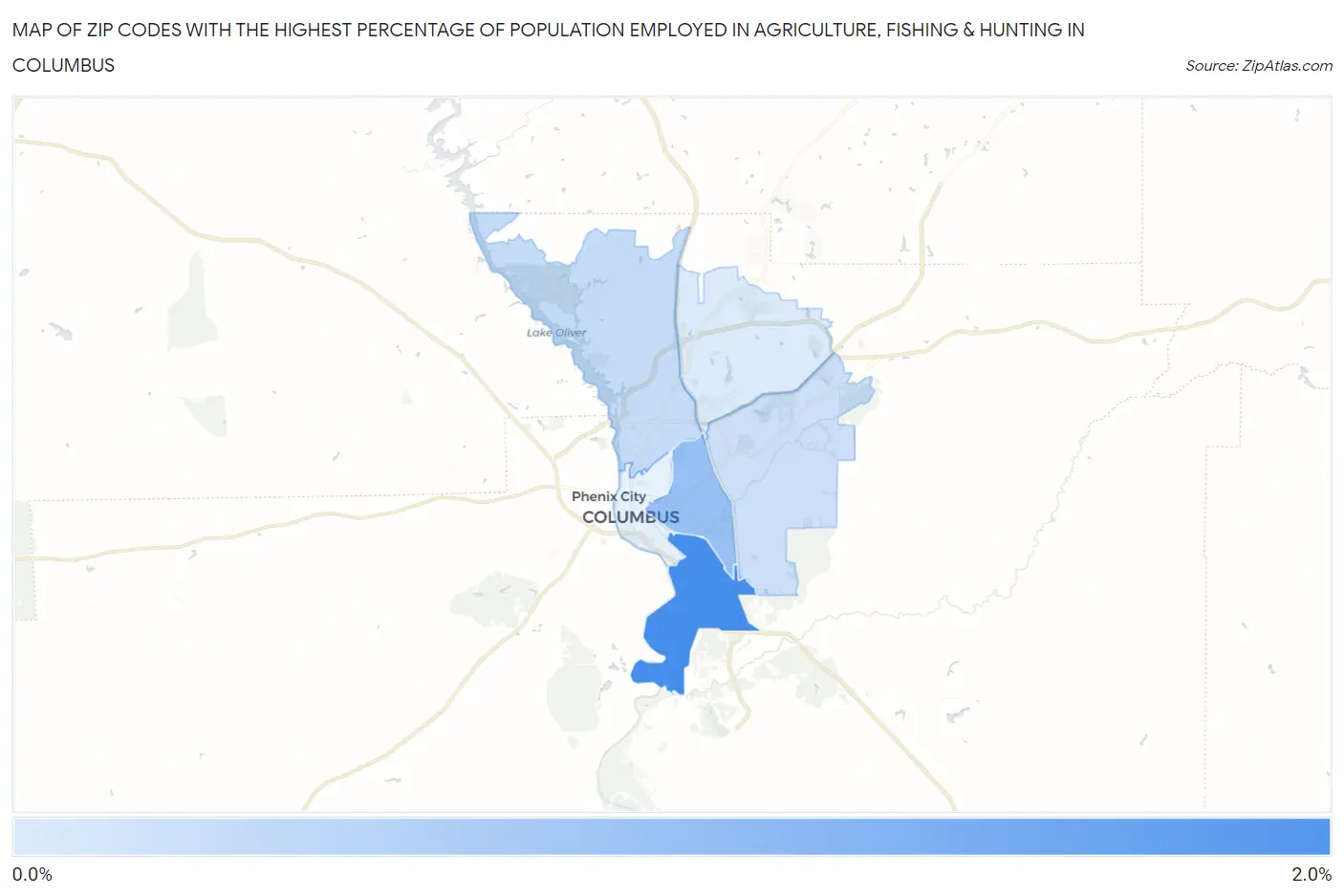 Zip Codes with the Highest Percentage of Population Employed in Agriculture, Fishing & Hunting in Columbus Map