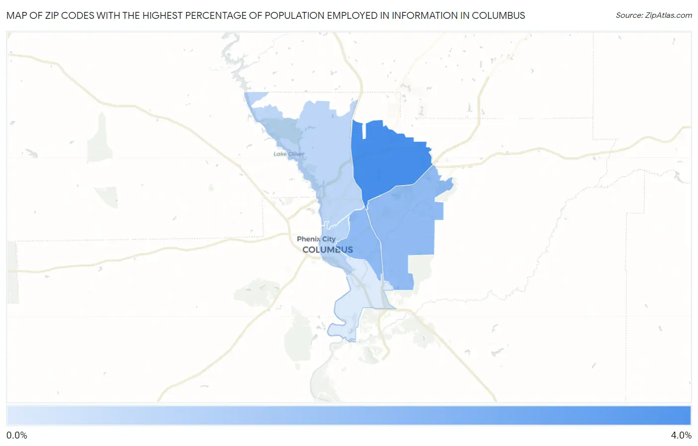 Zip Codes with the Highest Percentage of Population Employed in Information in Columbus Map