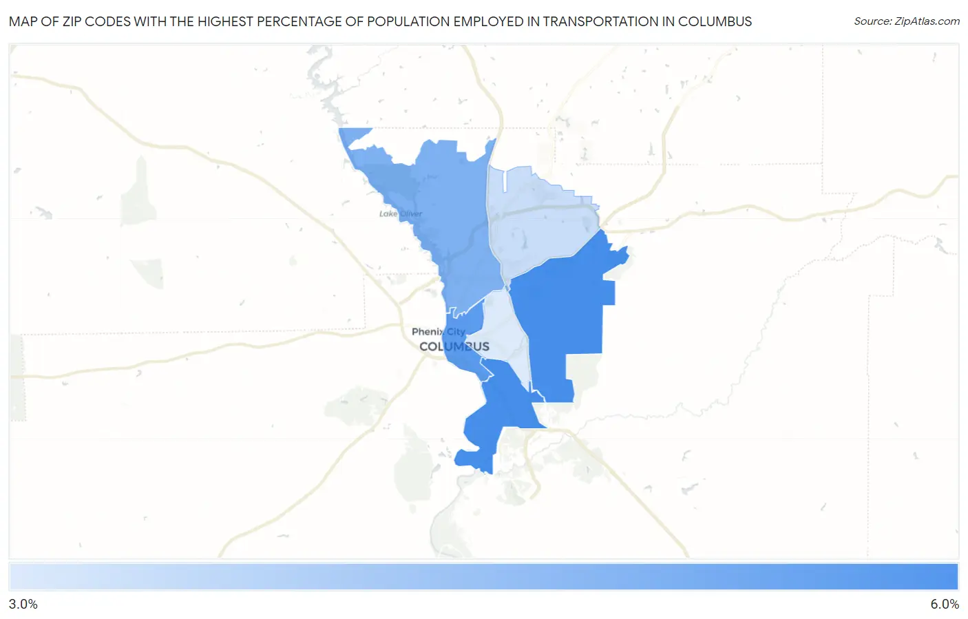 Zip Codes with the Highest Percentage of Population Employed in Transportation in Columbus Map