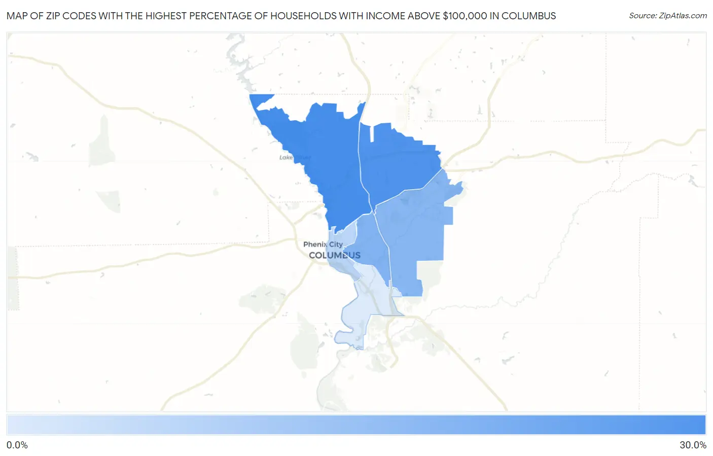 Zip Codes with the Highest Percentage of Households with Income Above $100,000 in Columbus Map
