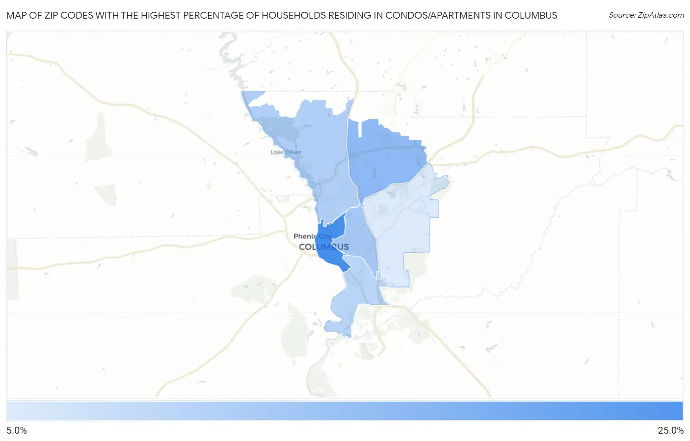 Zip Codes with the Highest Percentage of Households Residing in Condos/Apartments in Columbus Map