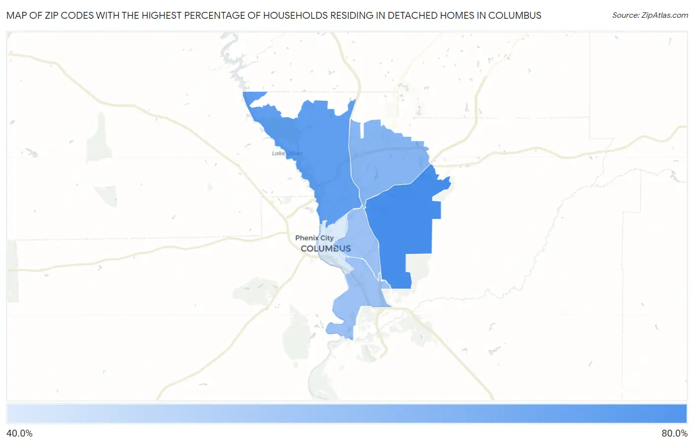 Zip Codes with the Highest Percentage of Households Residing in Detached Homes in Columbus Map