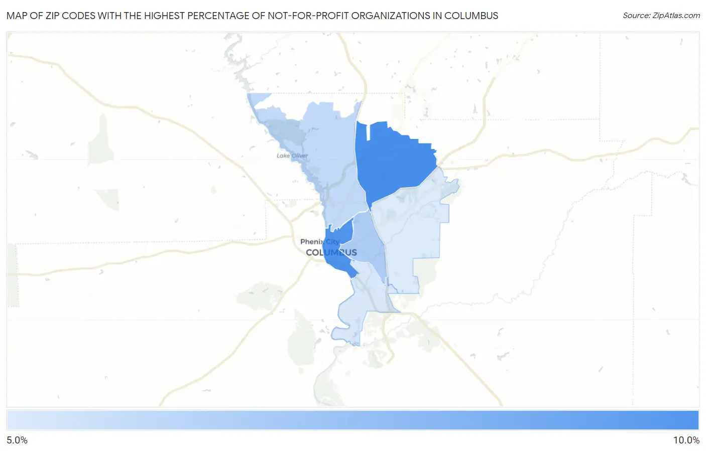 Zip Codes with the Highest Percentage of Not-for-profit Organizations in Columbus Map