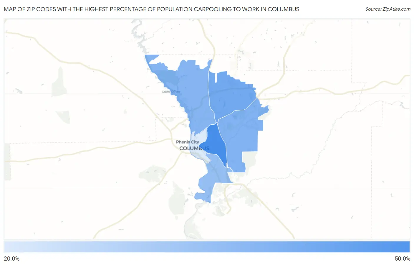 Zip Codes with the Highest Percentage of Population Carpooling to Work in Columbus Map