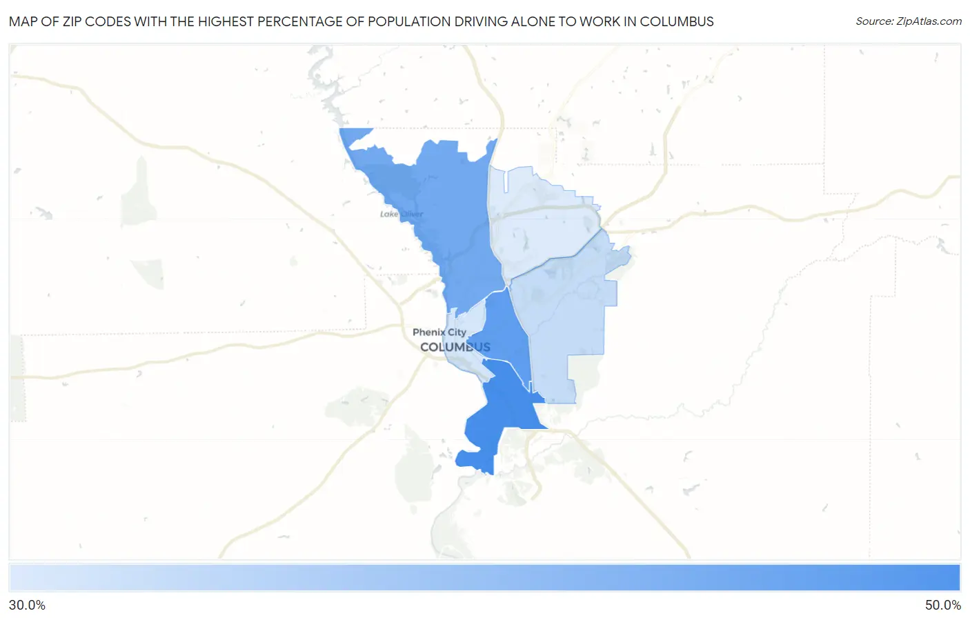 Zip Codes with the Highest Percentage of Population Driving Alone to Work in Columbus Map