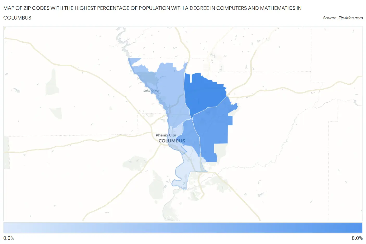 Zip Codes with the Highest Percentage of Population with a Degree in Computers and Mathematics in Columbus Map