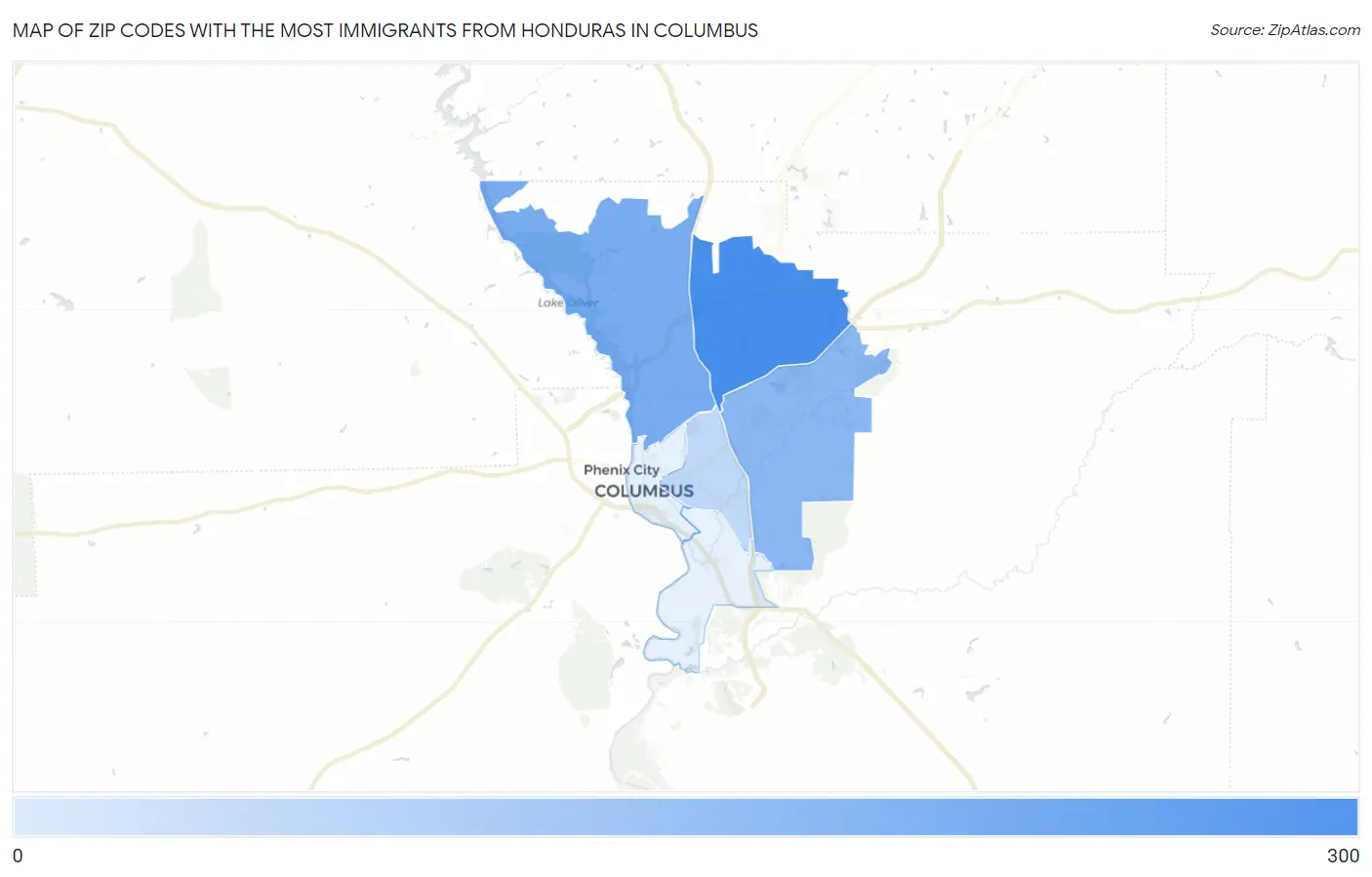 Zip Codes with the Most Immigrants from Honduras in Columbus Map