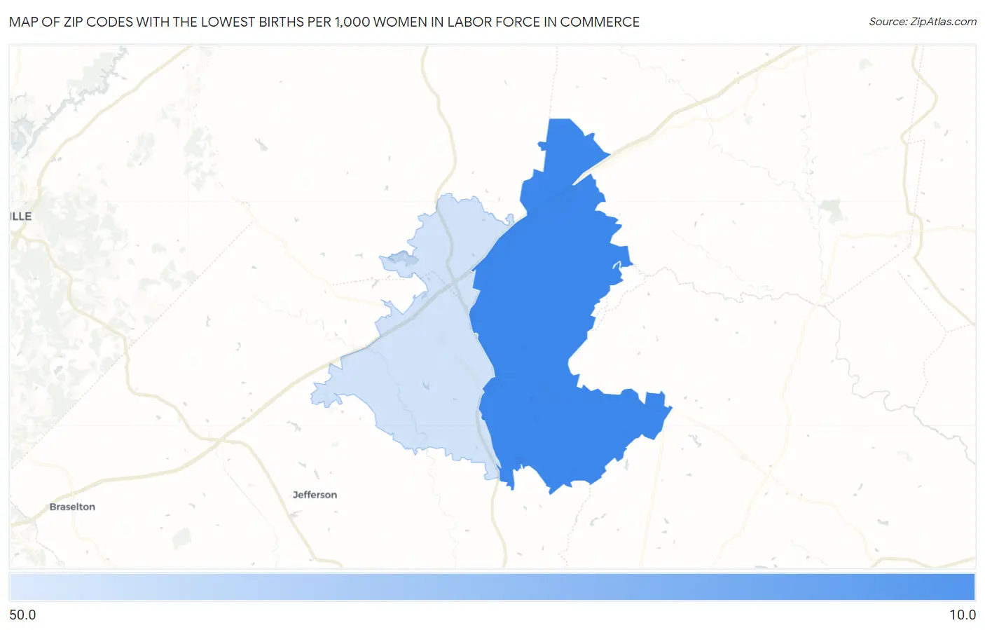 Zip Codes with the Lowest Births per 1,000 Women in Labor Force in Commerce Map