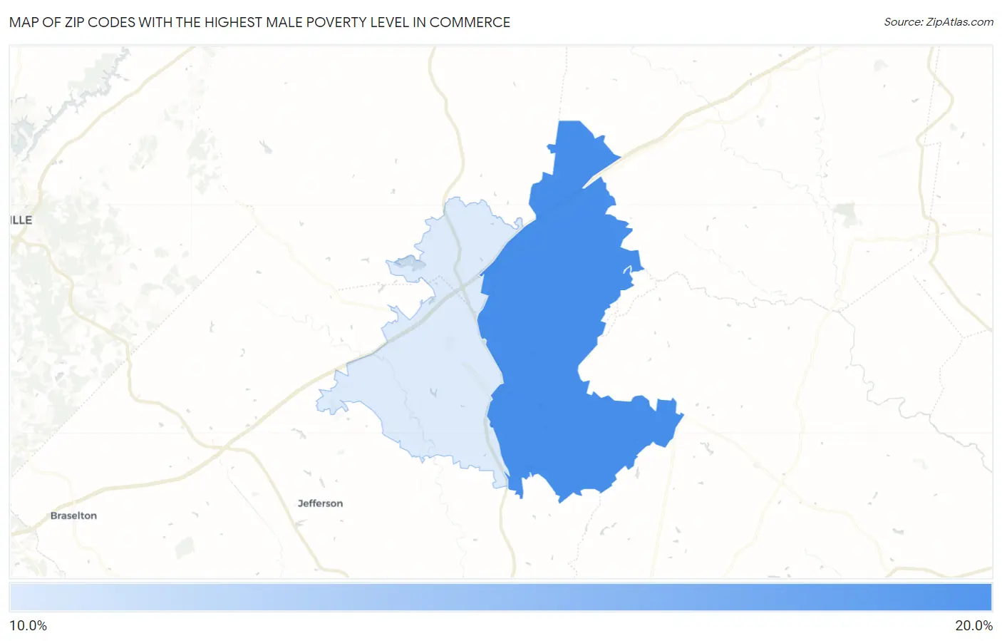 Zip Codes with the Highest Male Poverty Level in Commerce Map