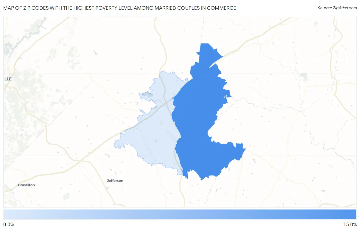 Zip Codes with the Highest Poverty Level Among Married Couples in Commerce Map