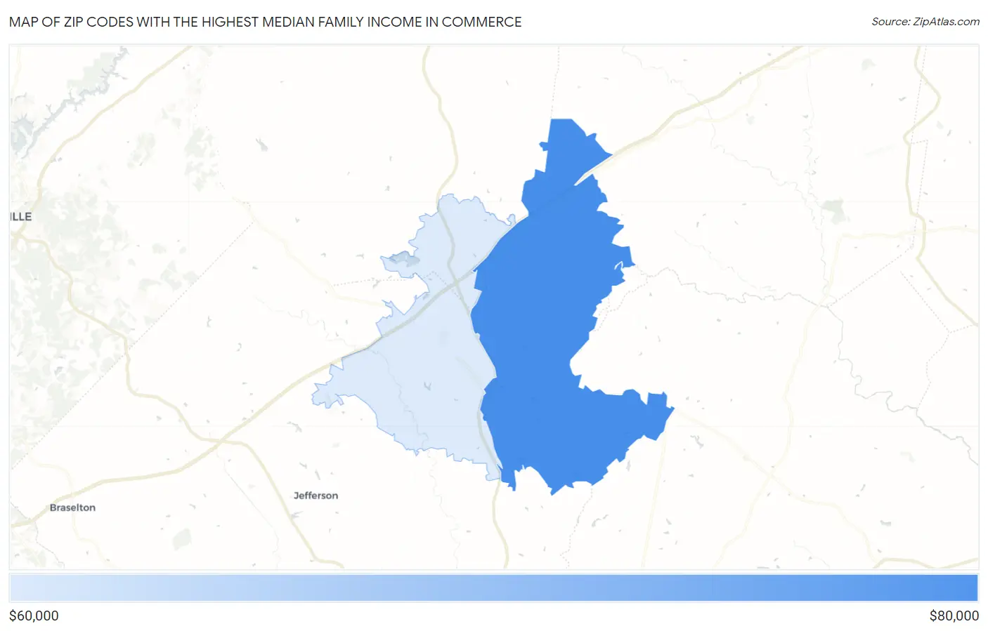 Zip Codes with the Highest Median Family Income in Commerce Map
