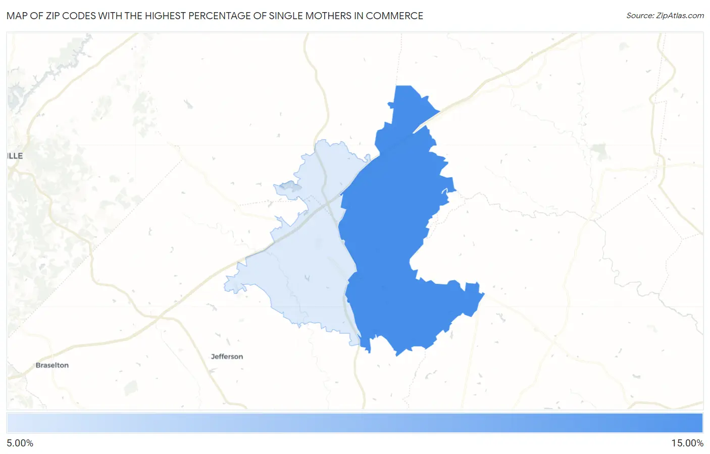Zip Codes with the Highest Percentage of Single Mothers in Commerce Map