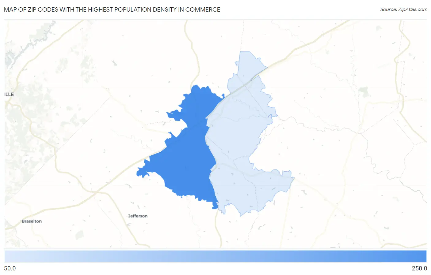 Zip Codes with the Highest Population Density in Commerce Map