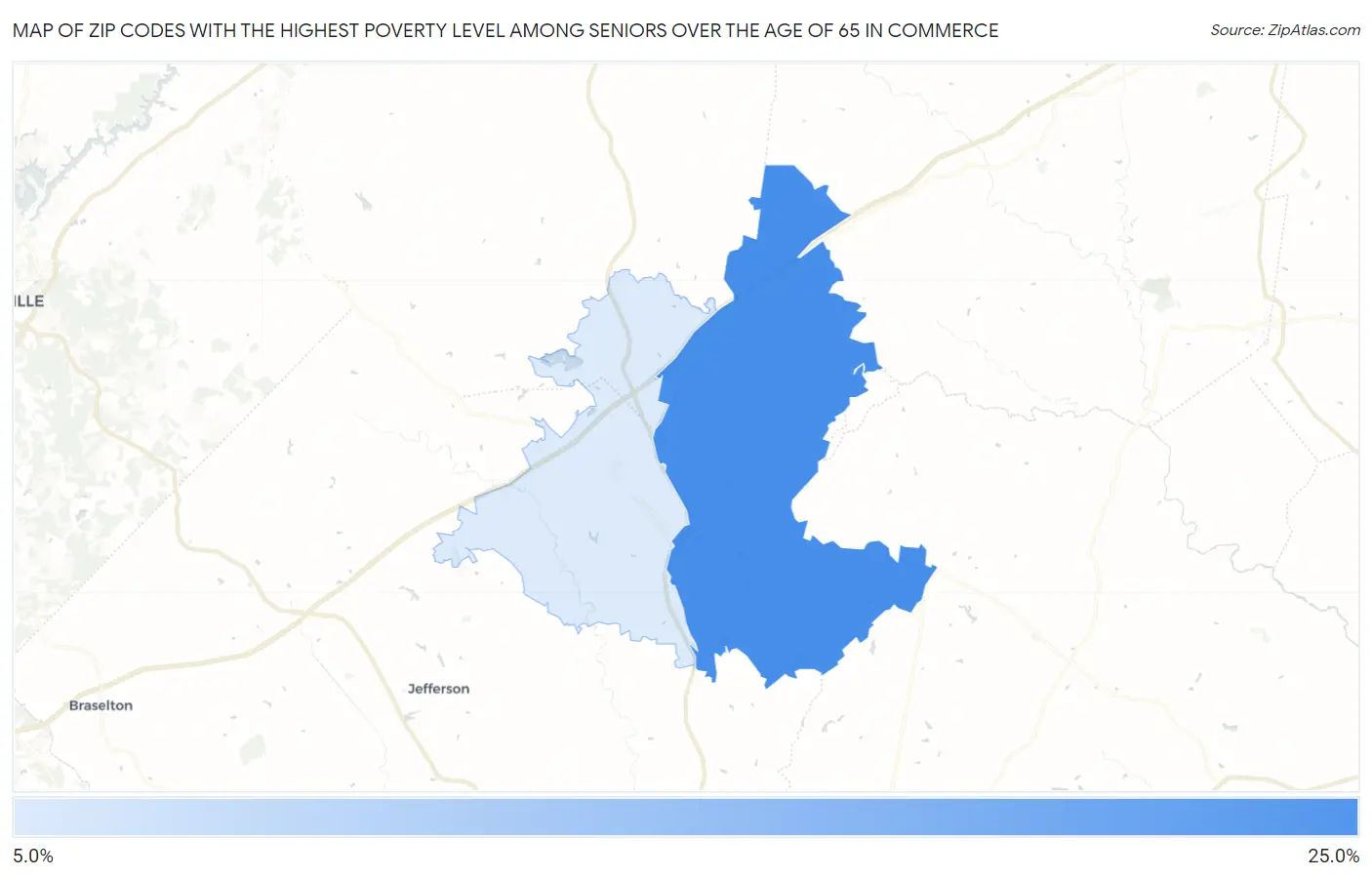 Zip Codes with the Highest Poverty Level Among Seniors Over the Age of 65 in Commerce Map