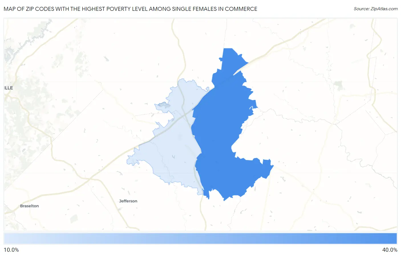 Zip Codes with the Highest Poverty Level Among Single Females in Commerce Map