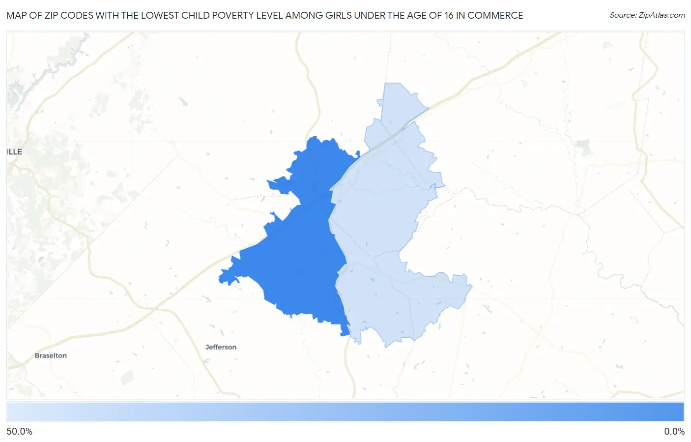 Zip Codes with the Lowest Child Poverty Level Among Girls Under the Age of 16 in Commerce Map