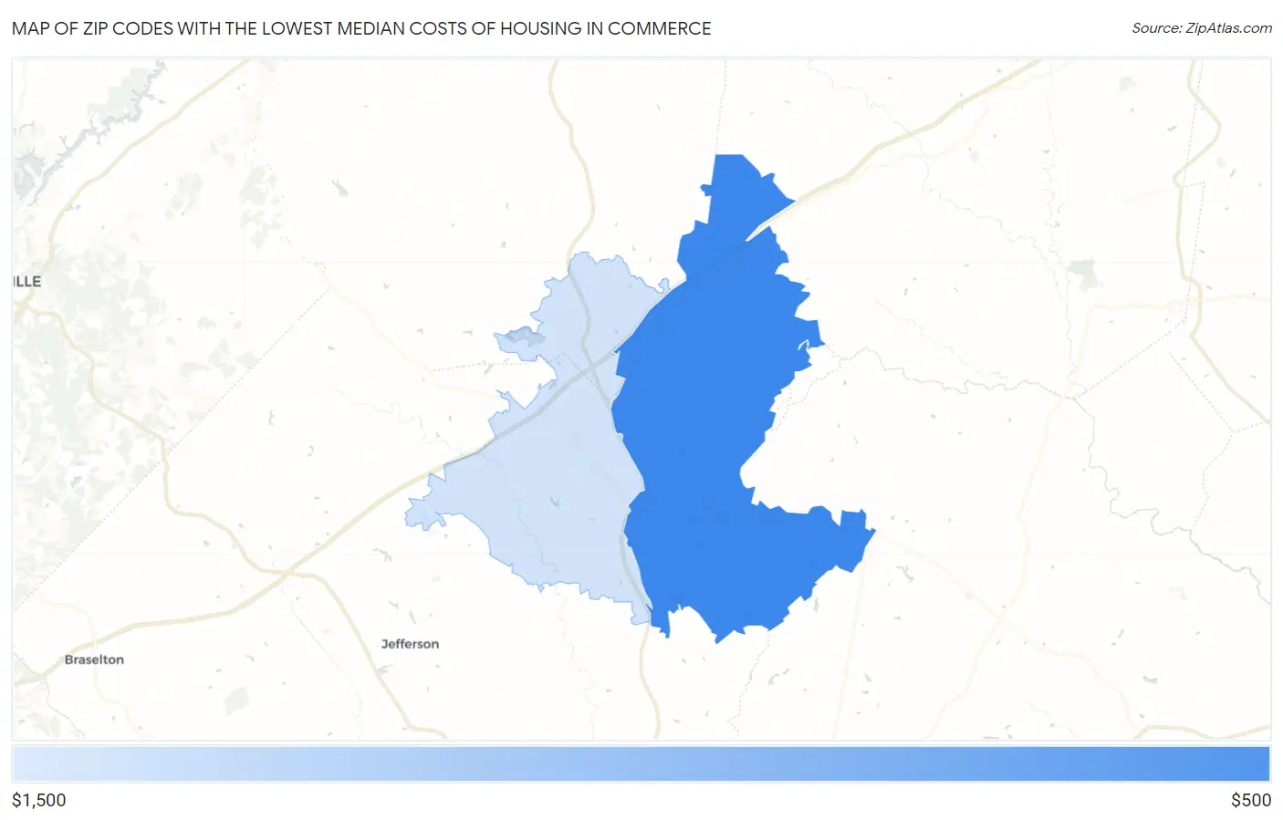 Zip Codes with the Lowest Median Costs of Housing in Commerce Map
