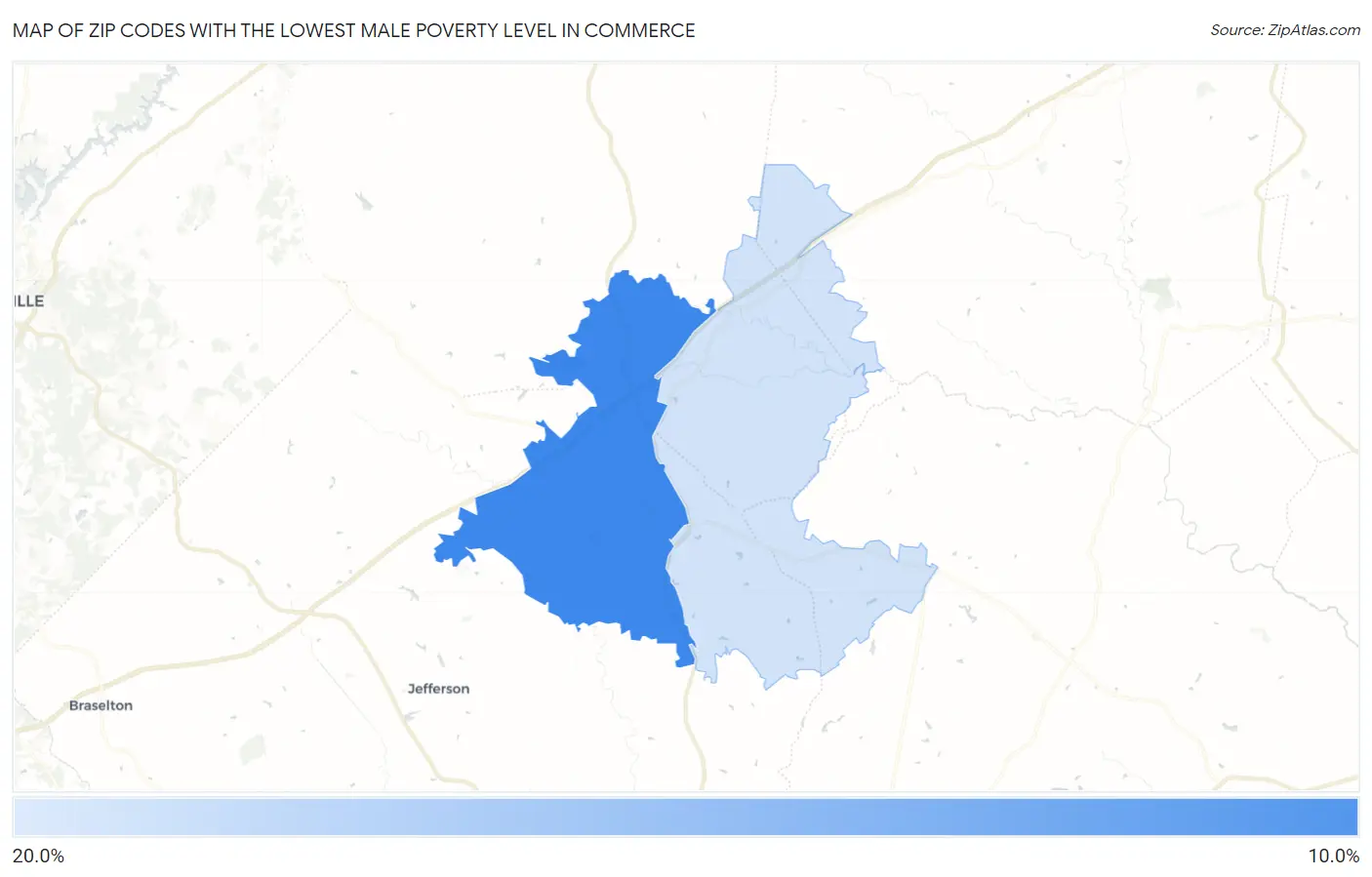 Zip Codes with the Lowest Male Poverty Level in Commerce Map