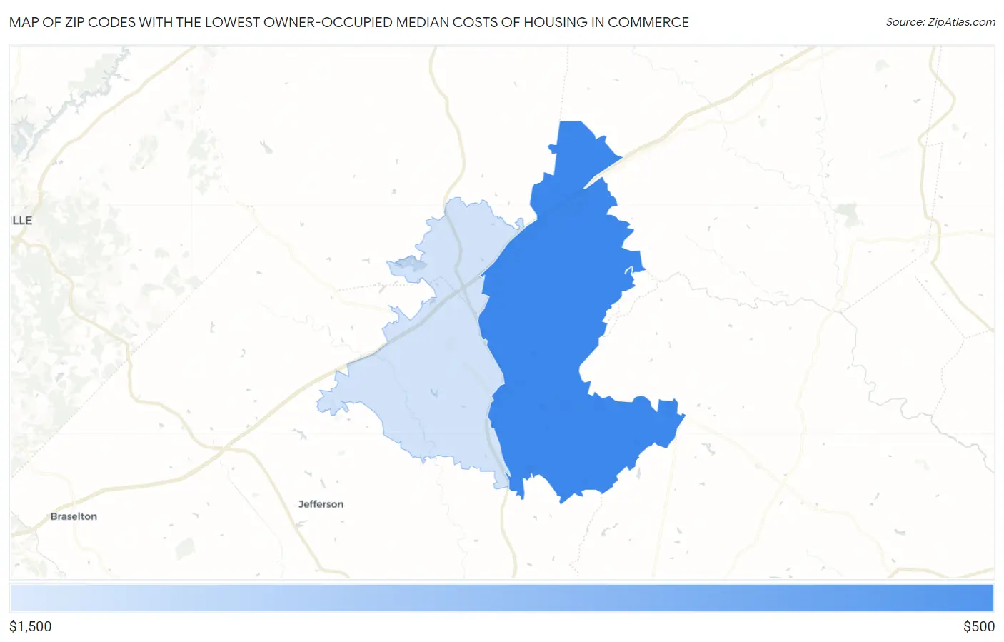 Zip Codes with the Lowest Owner-Occupied Median Costs of Housing in Commerce Map