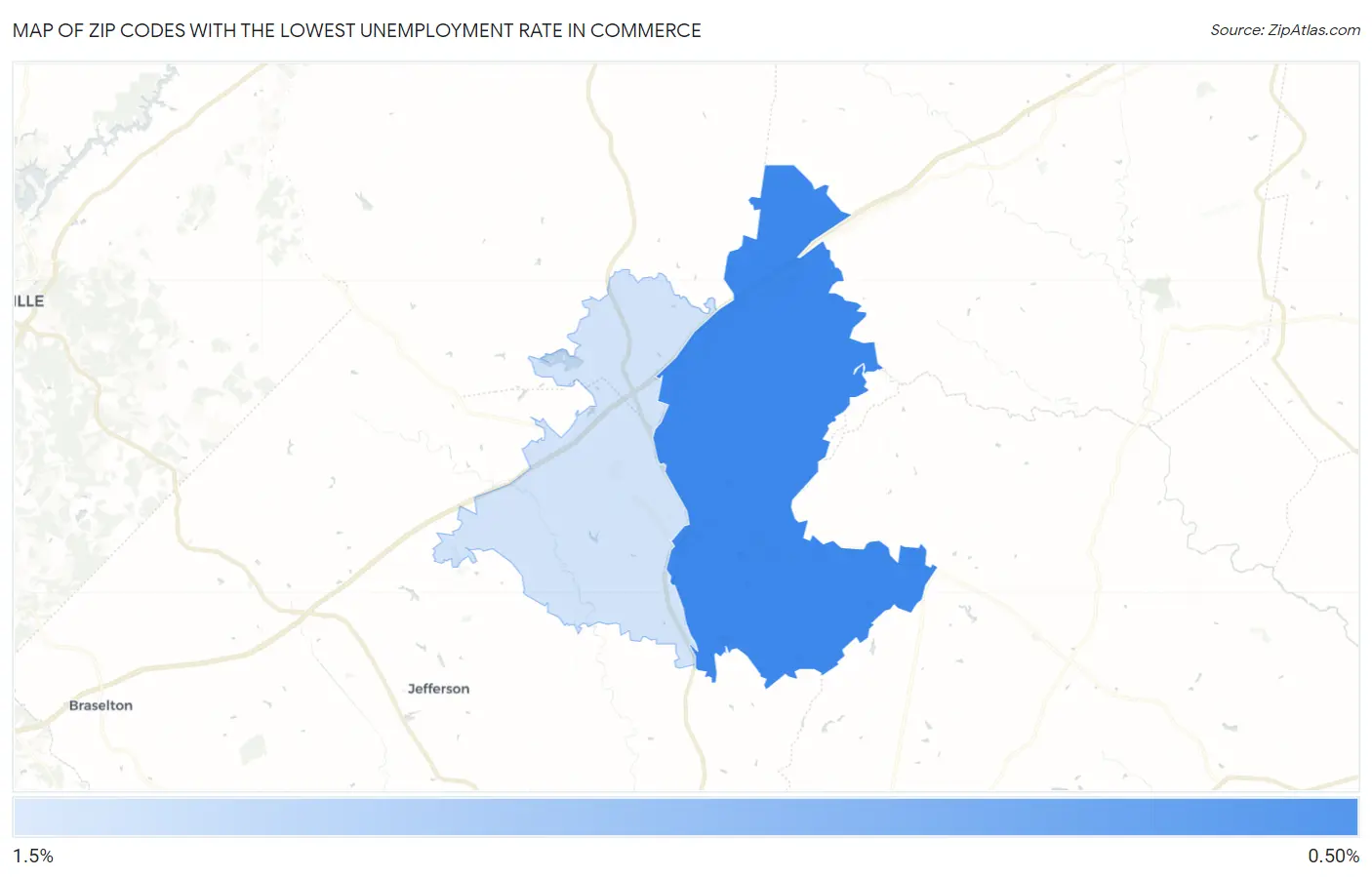 Zip Codes with the Lowest Unemployment Rate in Commerce Map