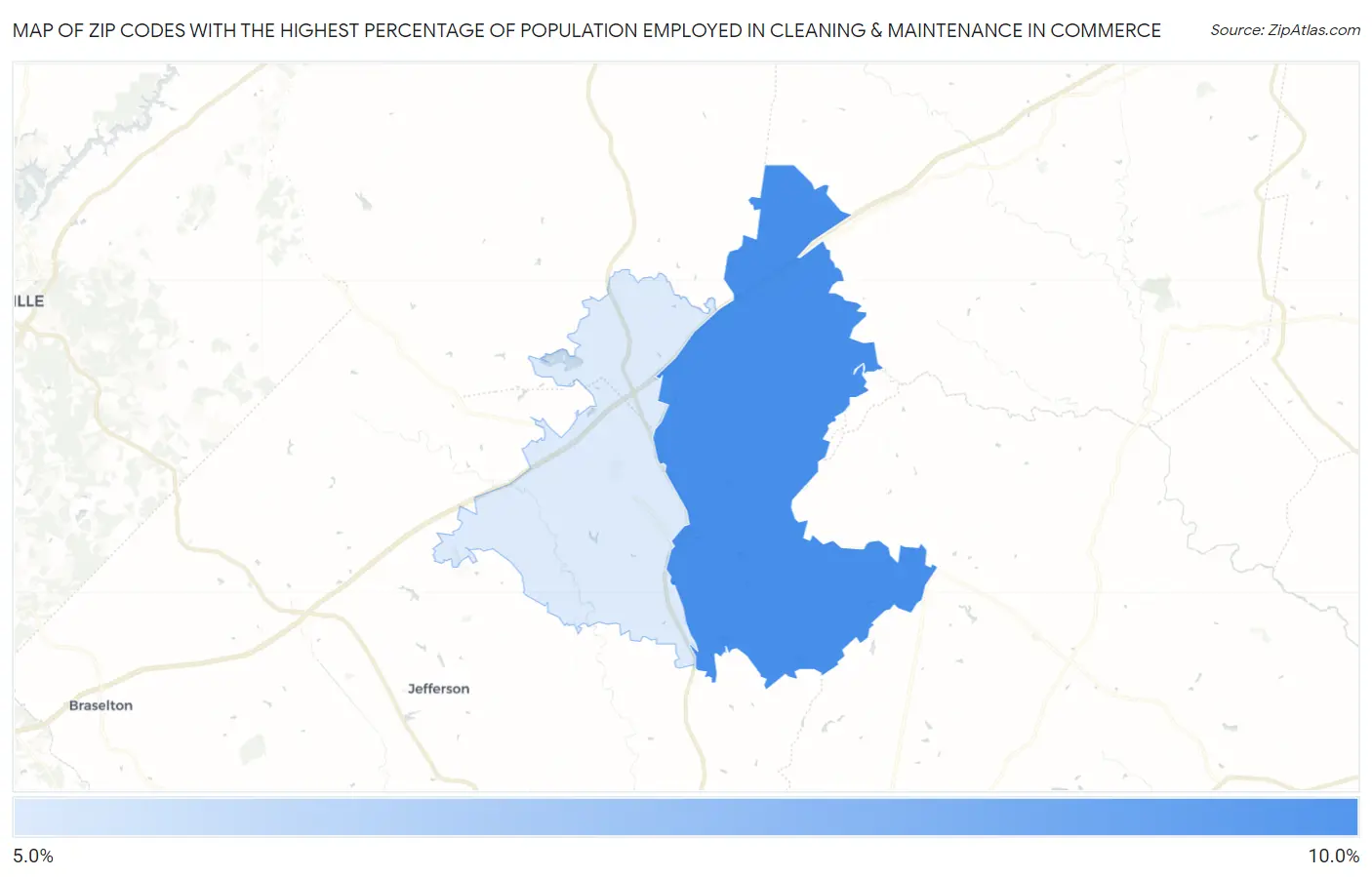 Zip Codes with the Highest Percentage of Population Employed in Cleaning & Maintenance in Commerce Map
