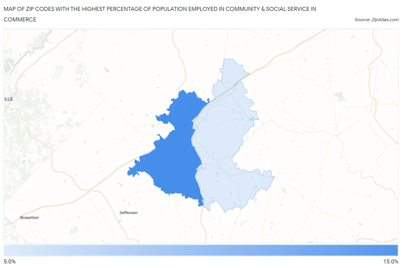 Zip Codes with the Highest Percentage of Population Employed in Community & Social Service  in Commerce Map