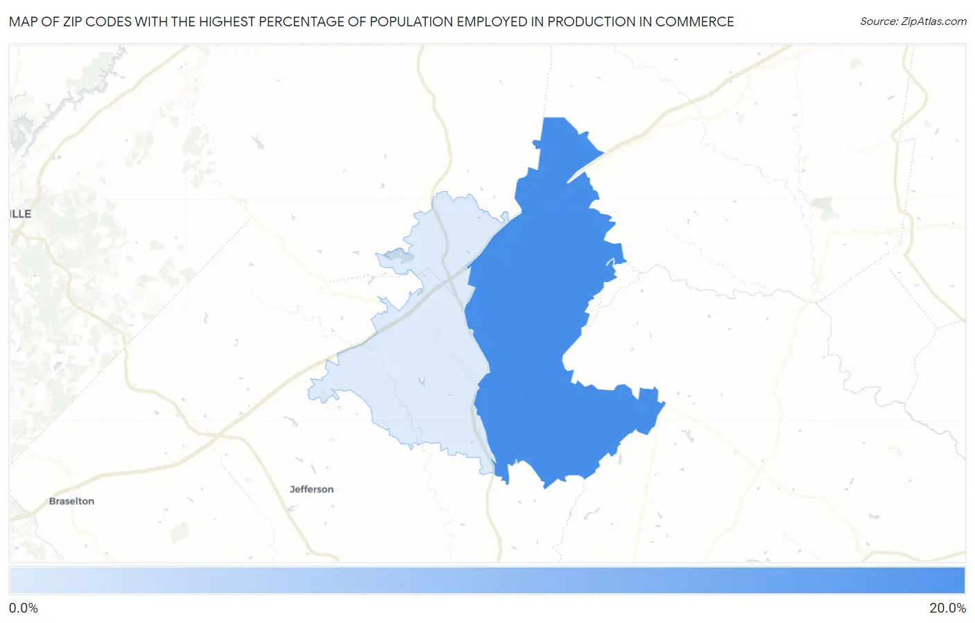 Zip Codes with the Highest Percentage of Population Employed in Production in Commerce Map