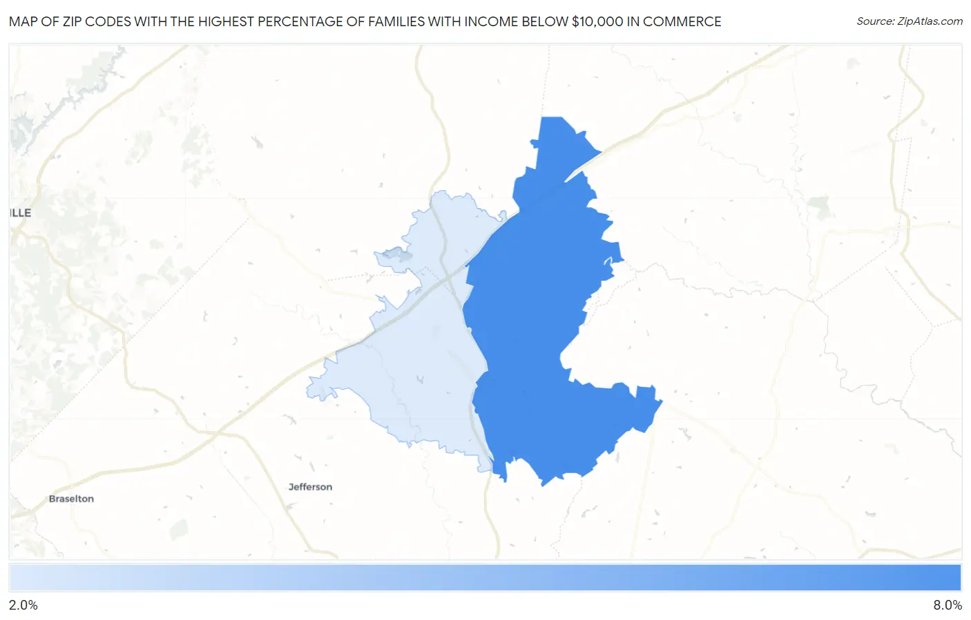 Zip Codes with the Highest Percentage of Families with Income Below $10,000 in Commerce Map