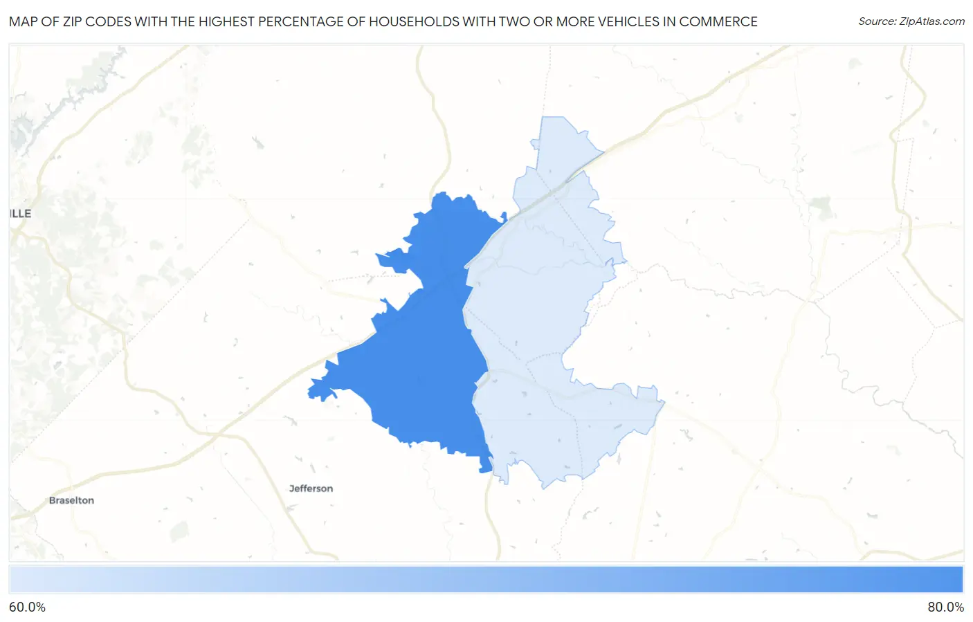 Zip Codes with the Highest Percentage of Households With Two or more Vehicles in Commerce Map