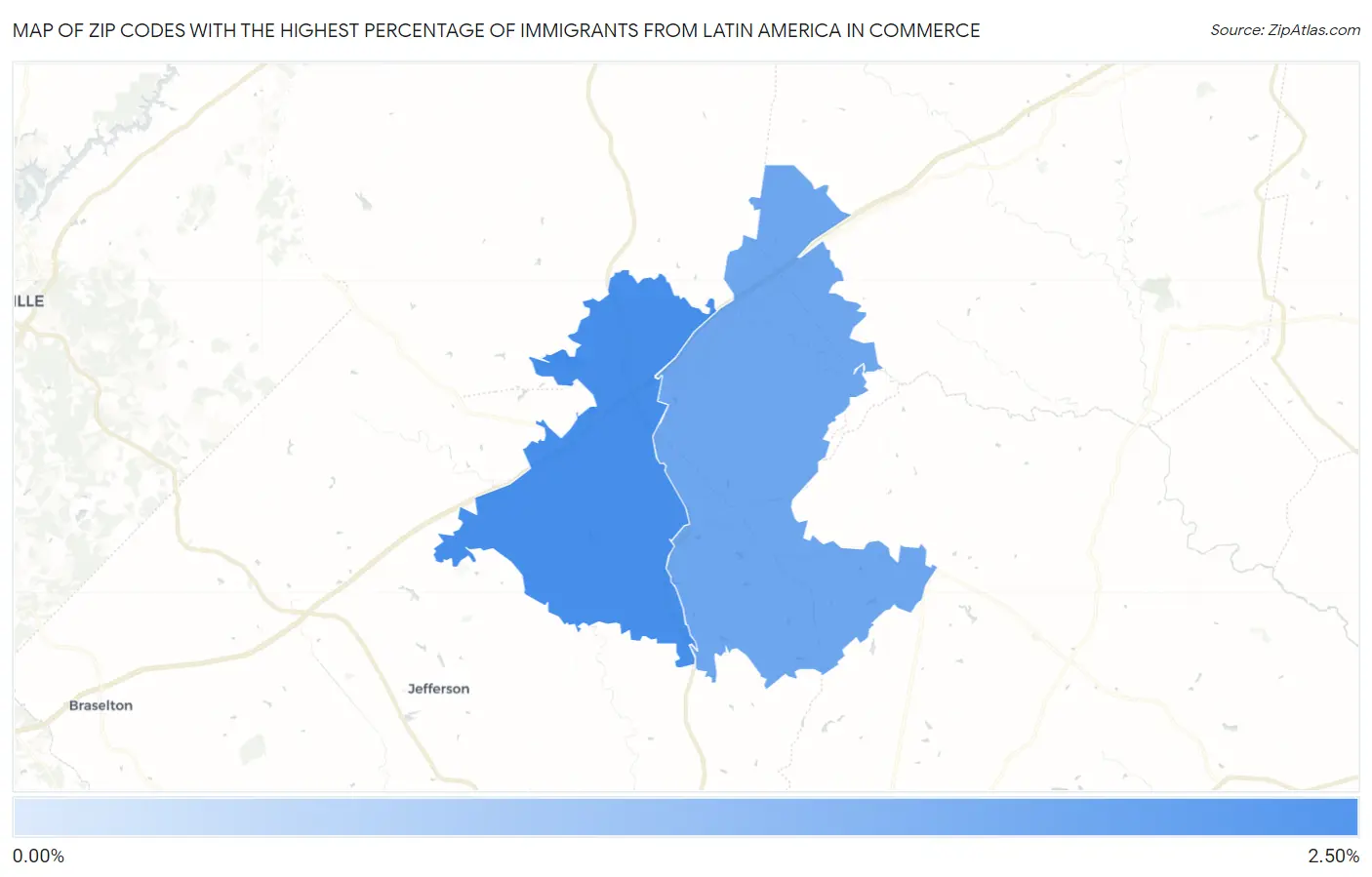 Zip Codes with the Highest Percentage of Immigrants from Latin America in Commerce Map