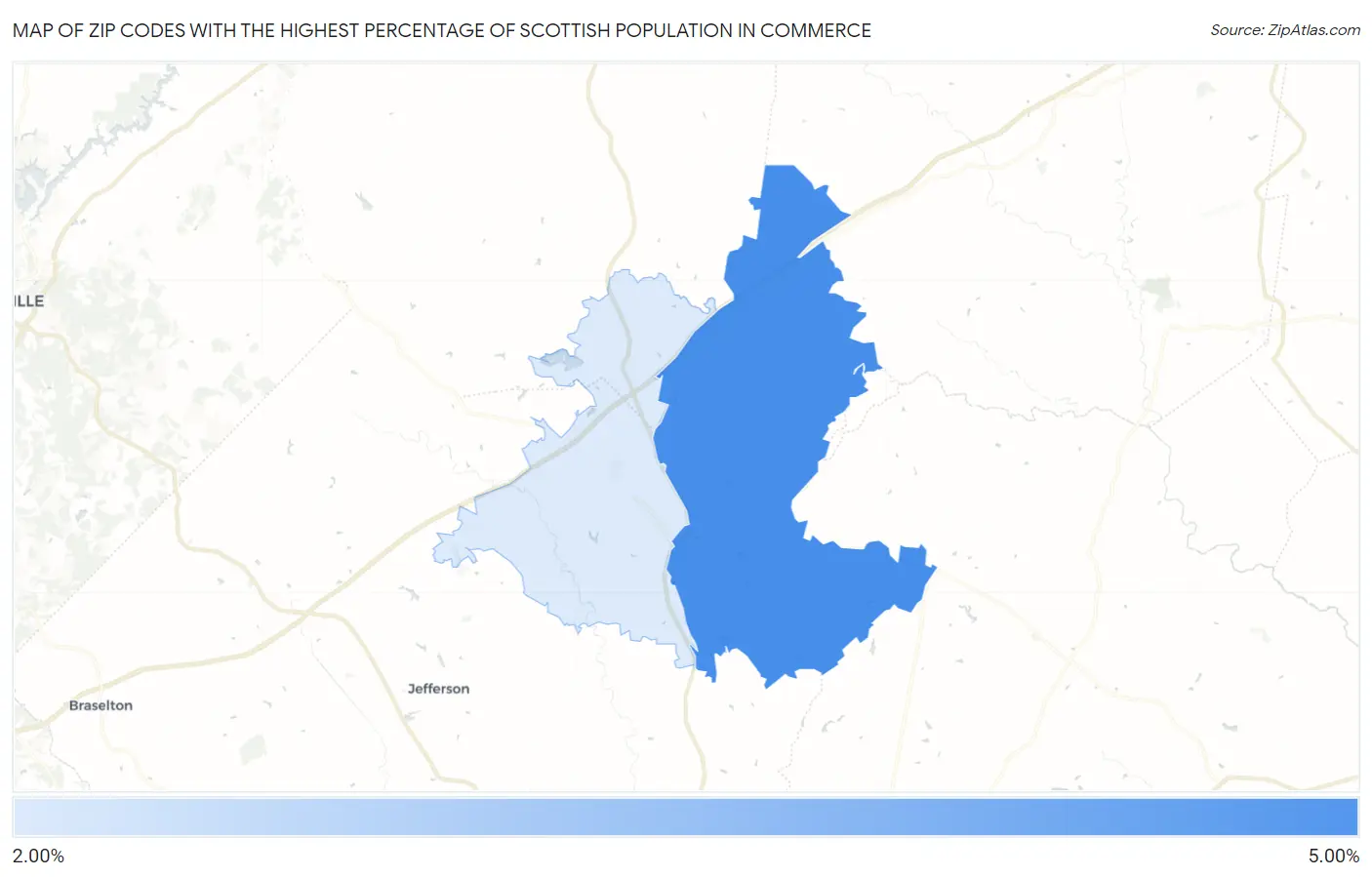 Zip Codes with the Highest Percentage of Scottish Population in Commerce Map