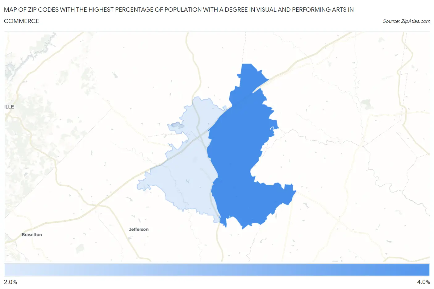 Zip Codes with the Highest Percentage of Population with a Degree in Visual and Performing Arts in Commerce Map