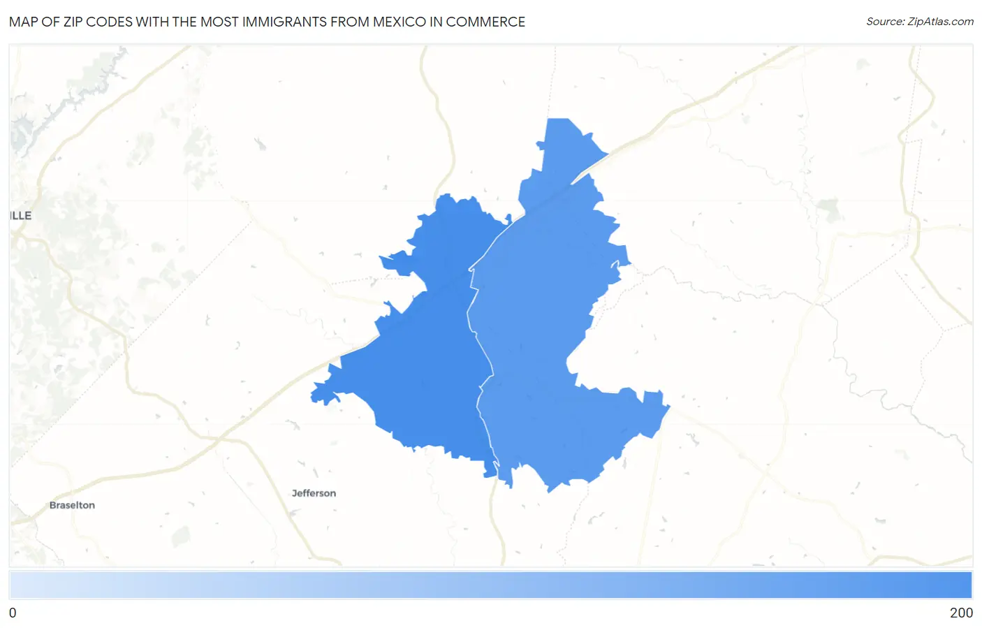 Zip Codes with the Most Immigrants from Mexico in Commerce Map