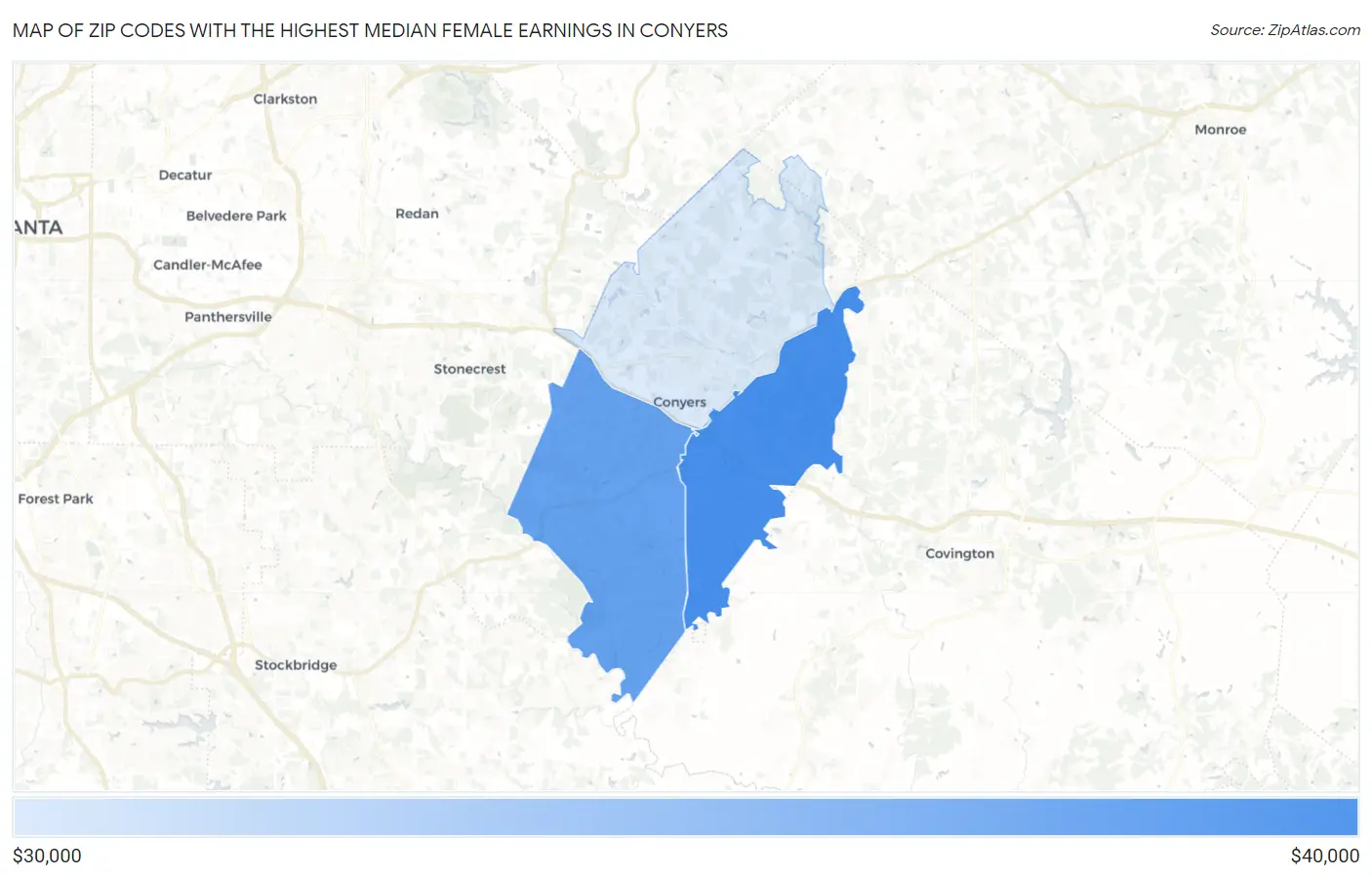 Zip Codes with the Highest Median Female Earnings in Conyers Map