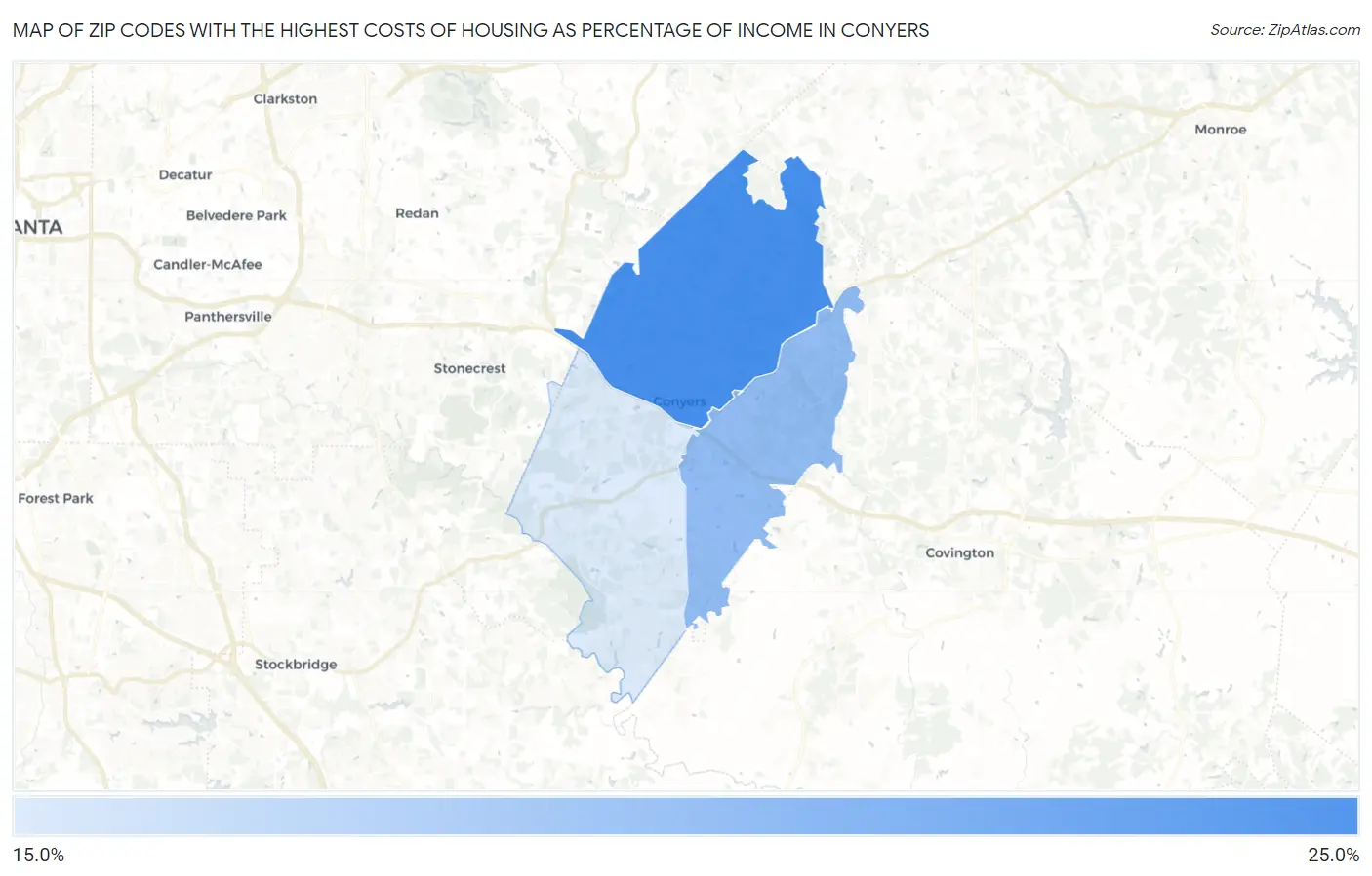 Zip Codes with the Highest Costs of Housing as Percentage of Income in Conyers Map