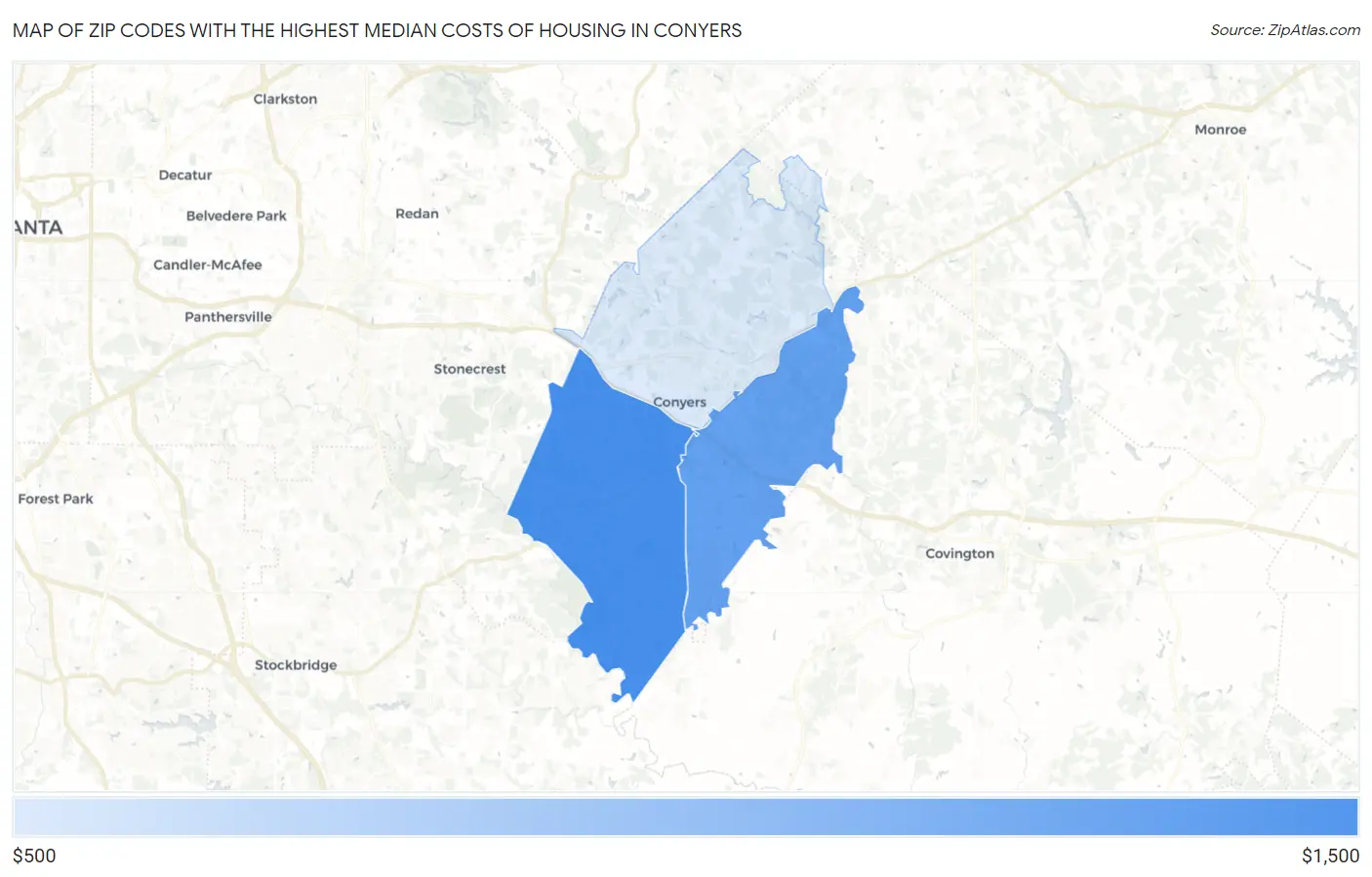 Zip Codes with the Highest Median Costs of Housing in Conyers Map