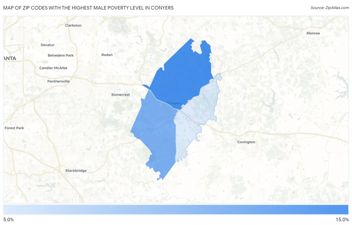 Zip Codes with the Highest Male Poverty Level in Conyers Map