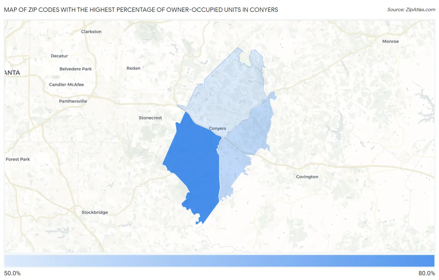 Zip Codes with the Highest Percentage of Owner-Occupied Units in Conyers Map