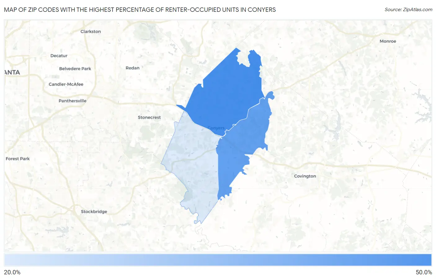 Zip Codes with the Highest Percentage of Renter-Occupied Units in Conyers Map