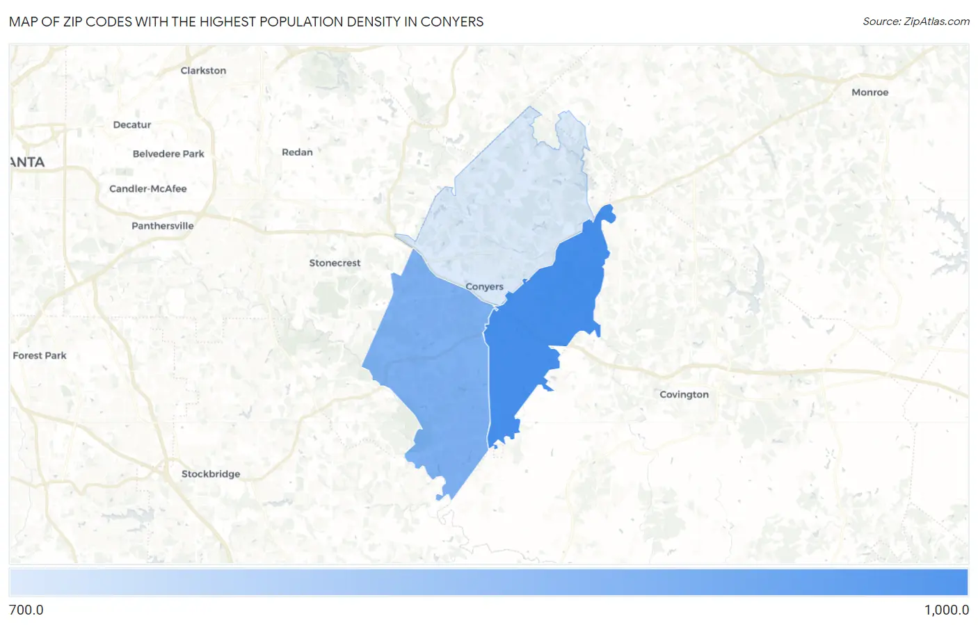 Zip Codes with the Highest Population Density in Conyers Map